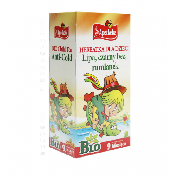 Apotheke Bio HERBATKA DLA DZIECI - NA PRZEZIĘBIENIE LIPA, CZARNY BEZ, RUMIANEK PO 9 MIESIĄCU (20 x 1,5 g) 30 g