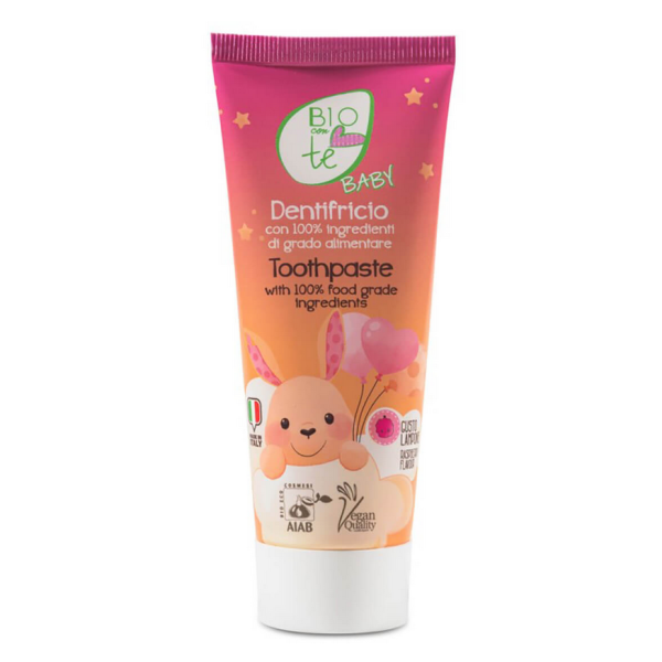 Pierpaoli Biocontè Baby Pasta dla dzieci od pierwszego ząbka, ALOES i RUMIANEK, 100% jadalnych składników, malinowa, 75 ml