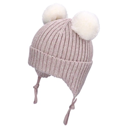 TUTU Czapka Merino 100% zimowa dla dziecka wiązana z pomponami, Ecru, Kremowo-Różowa