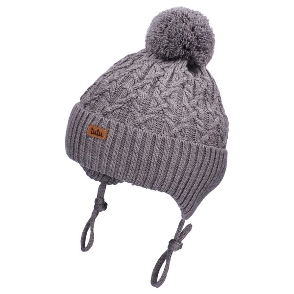TUTU Czapka Merino 100% zimowa dla dziecka wiązana z pomponem, Grey Szara