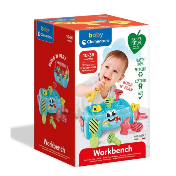 Clementoni Baby, Stolik Małego Majsterkowicza | Zabawa i Rozwój | 10-36M+, Wiaderko/ Stolik, śrubki, narzędzia