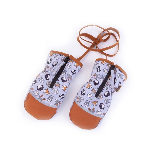 TUTU Rękawice Dziecięce Bez Palców Rozsuwane na Sznureczku, Brązowo Szare, Zwierzątka Leśne