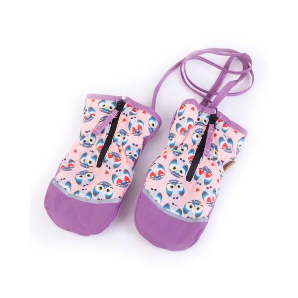 TUTU Rękawice Dziecięce Bez Palców Rozsuwane na Sznureczku, Fioletowe z Sówkami
