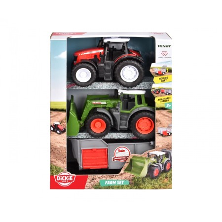 Dickie Toys, Zestaw pojazdów roliniczych, Traktor Fendt, Massey Ferguson, Przyczepa